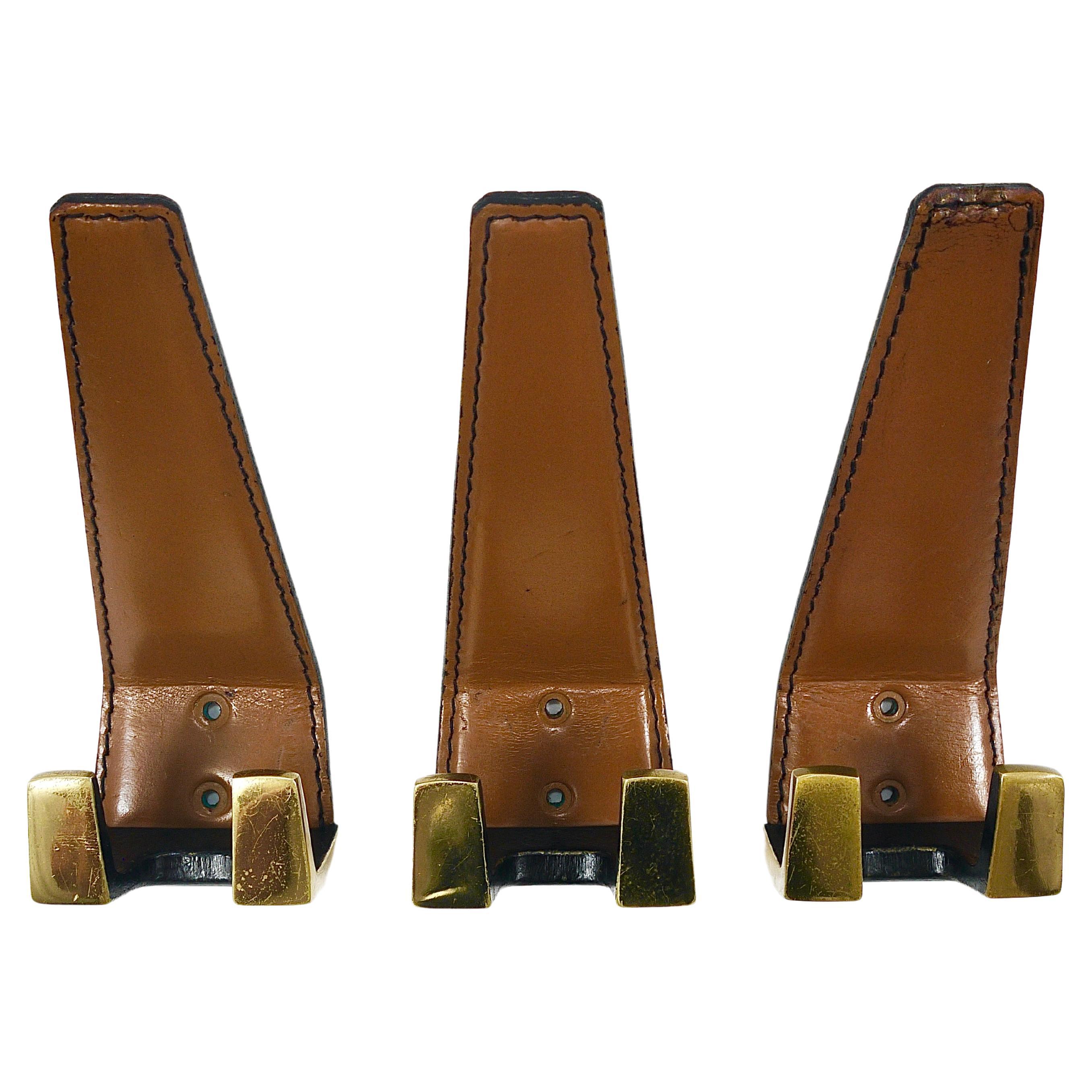 6x Carl Auböck Style Mid-Century Brass & Leather Wall Coat Hooks, Austria, 1950s