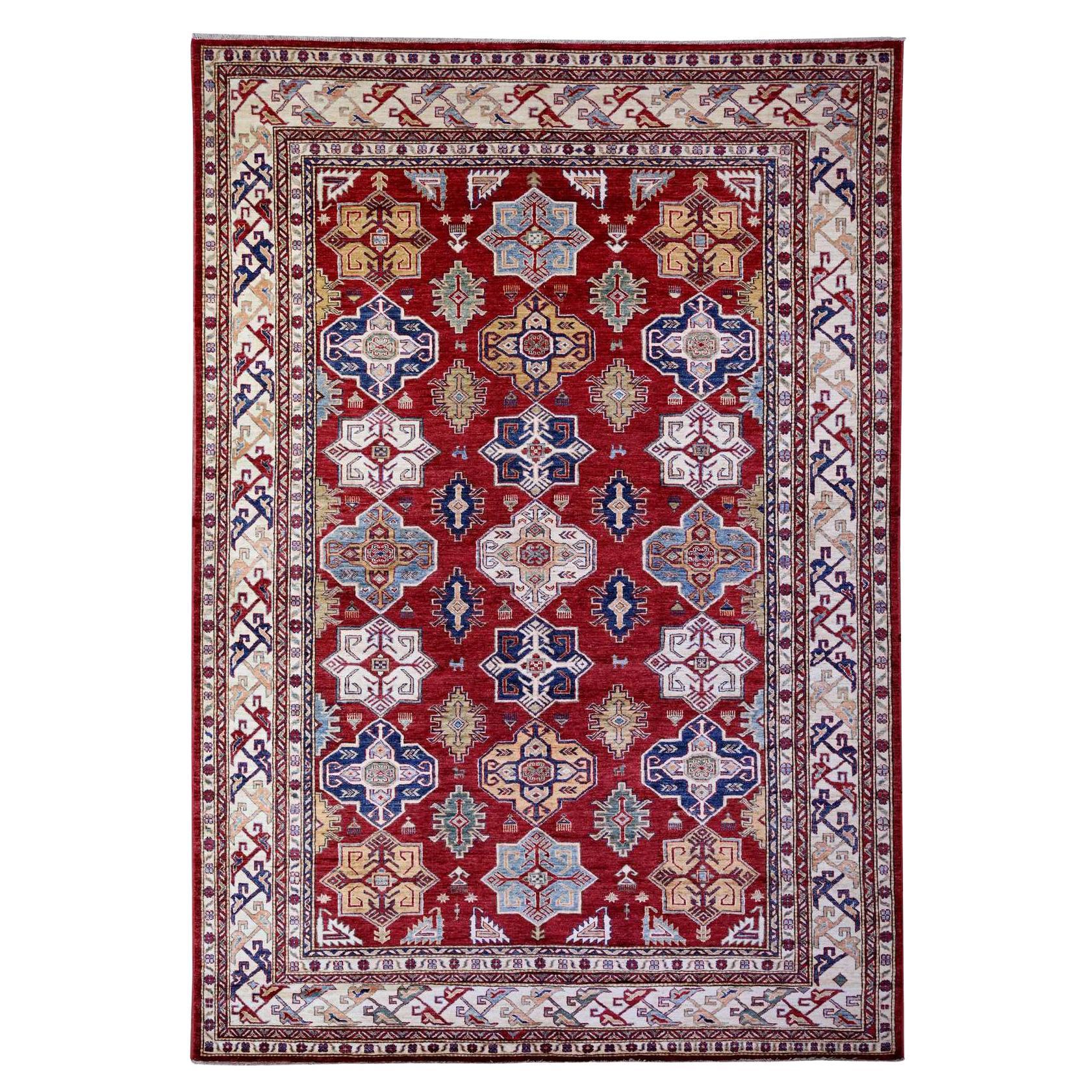 7'x10' Barn Red Hand Knotted Afghan Super Kazak Soft Shiny Wool Oriental Rug