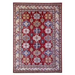 Alfombra Oriental de Lana Suave Brillante Afgana Super Kazak Anudada a Mano Rojo Granero 7'x10