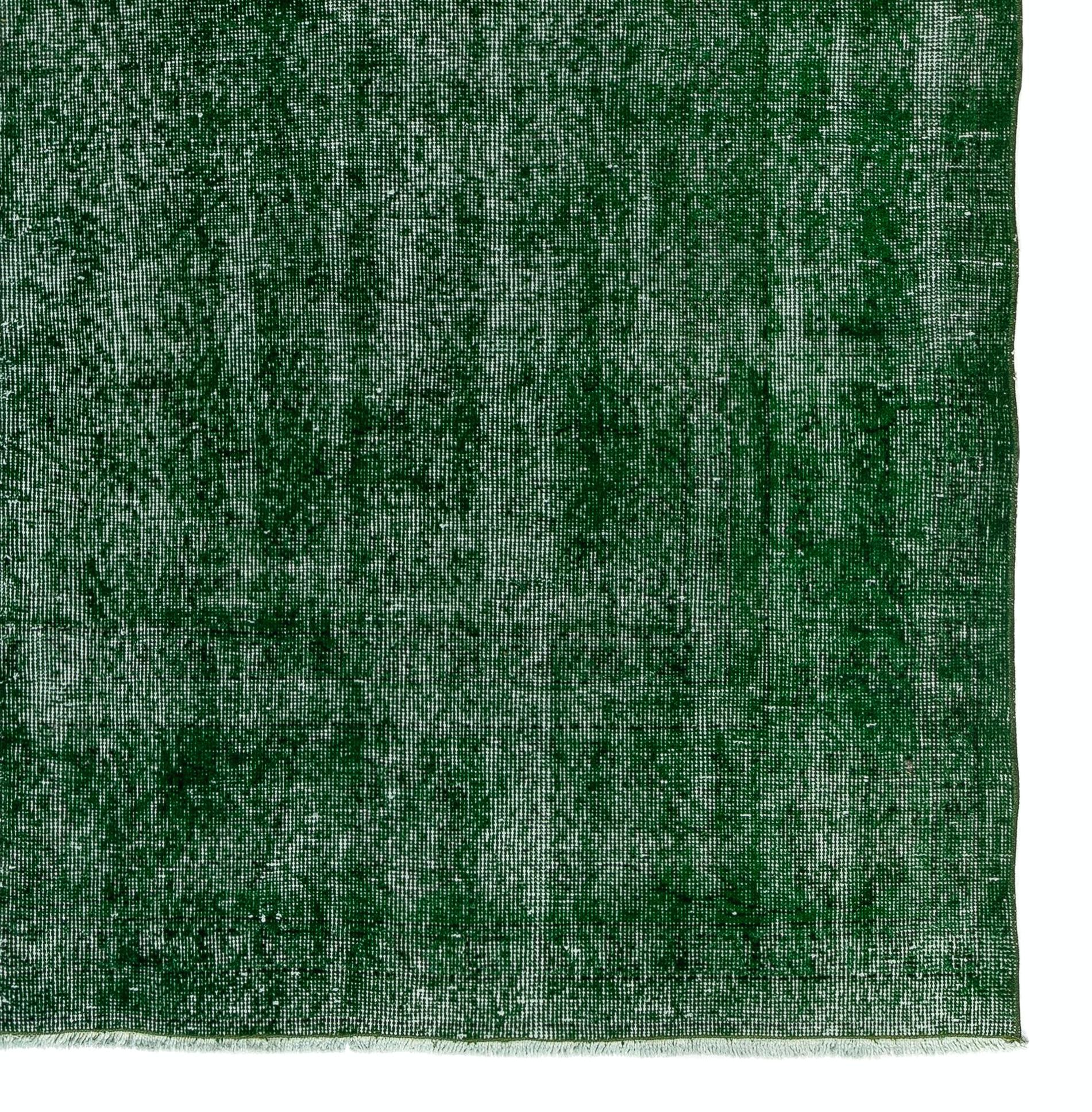 Hand-Woven 7x10 Ft Distressed Vintage Handmade Rug Over-Dyed in Green for Modern Interiors