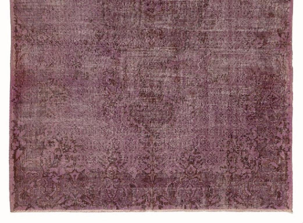 Hand-Woven 7x10 Ft Distressed Vintage Turkish Rug Over-Dyed in Purple for Modern Interiors