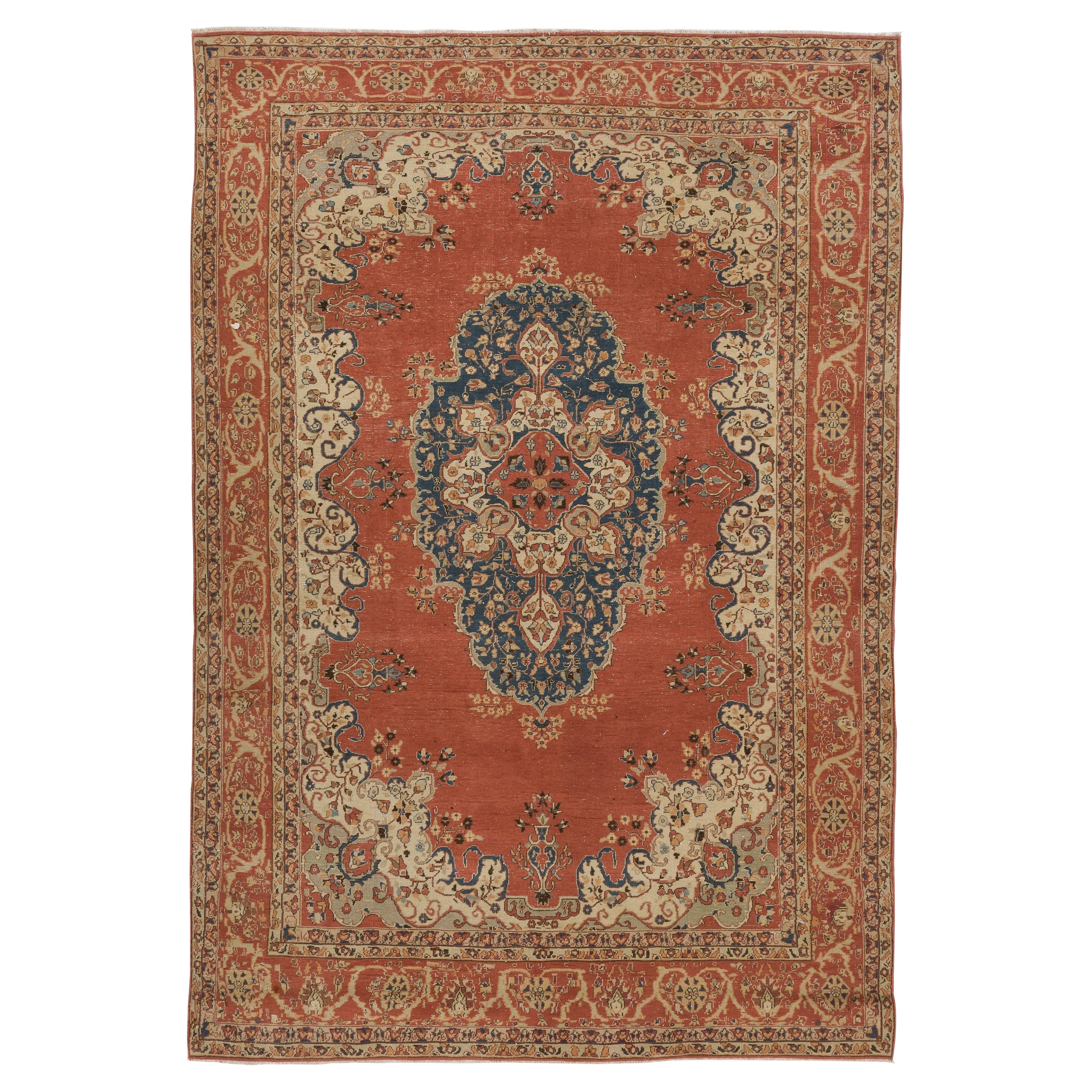 Tappeto vintage turco Ladik nei colori rosso mattone, blu e beige