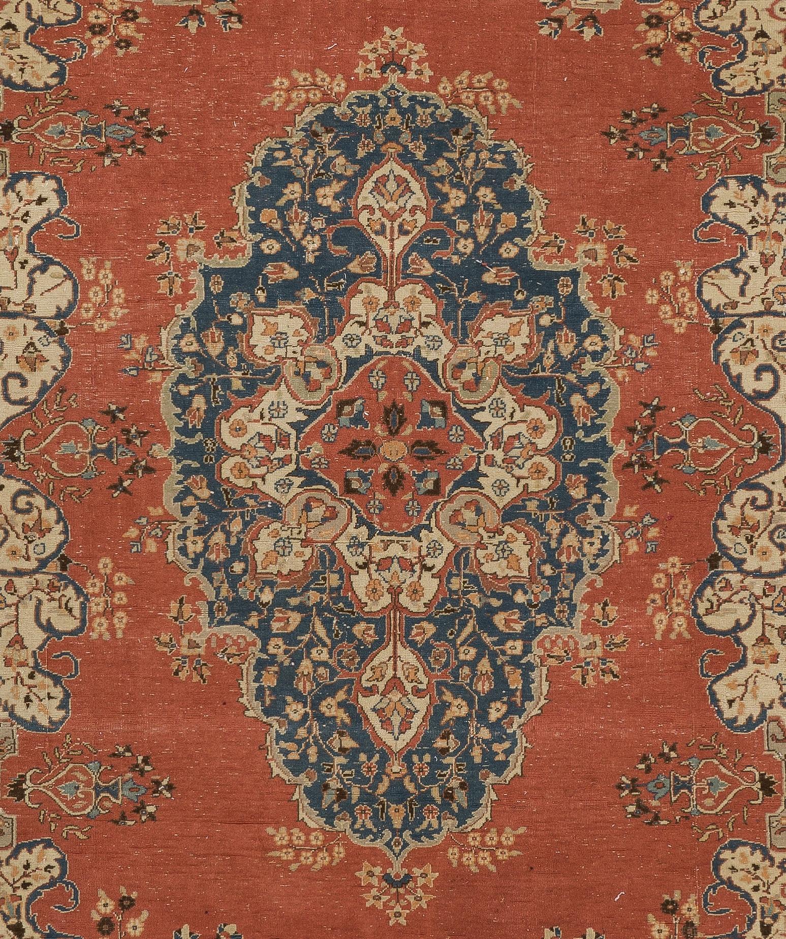 Hand-Knotted 7x10 Ft Fantastic Vintage Turkish Ladik Rug in Brick Red, Blue and Beige Colors For Sale