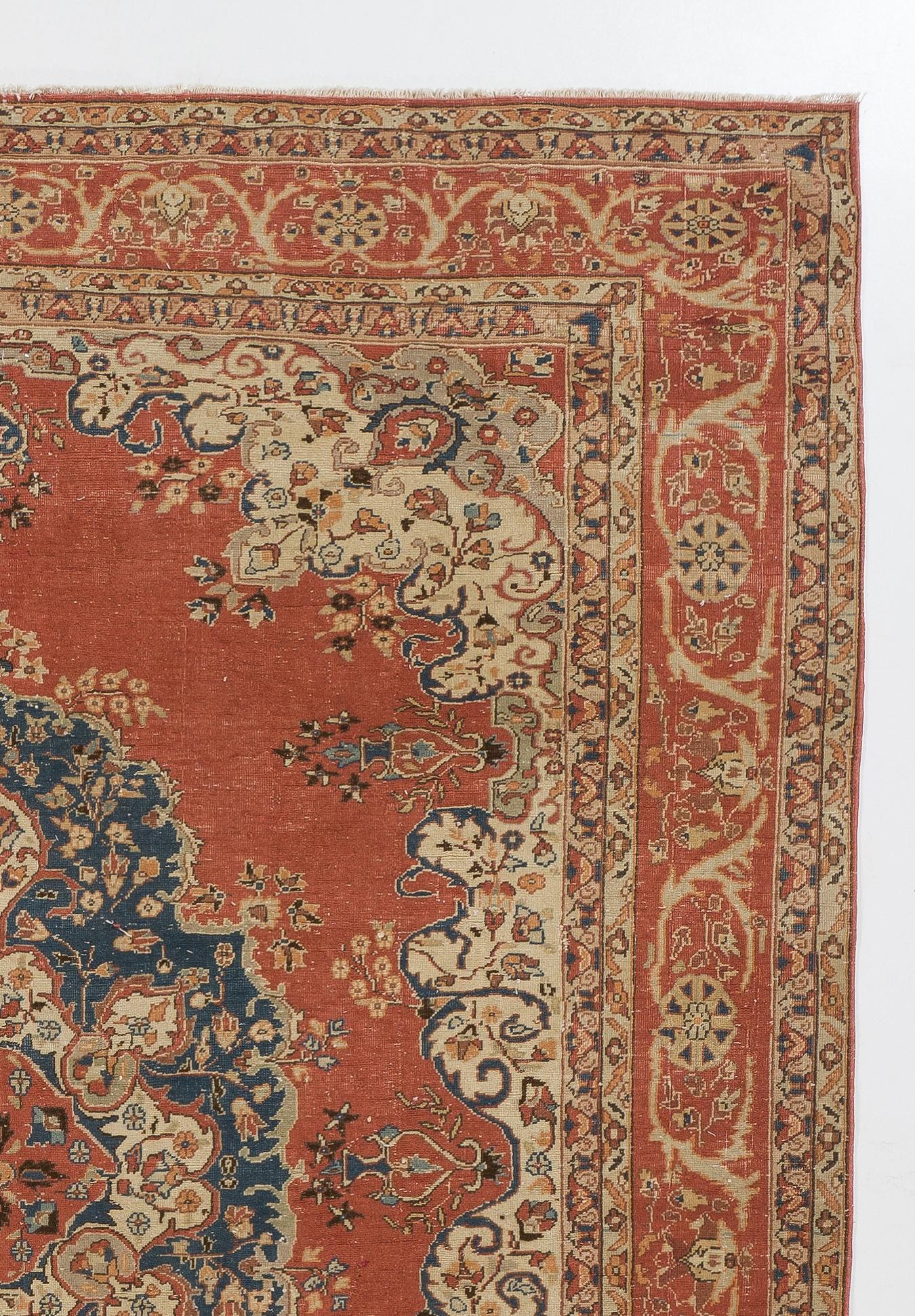 7x10 Ft Fantastic Vintage Turkish Ladik Rug in Brick Red, Blue and Beige Colors In Good Condition For Sale In Philadelphia, PA