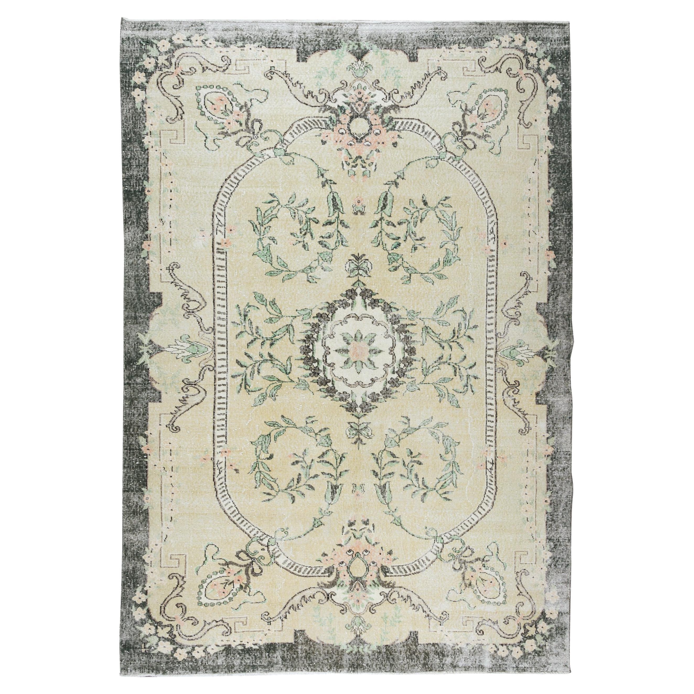 7x10 Ft Hand-Knotted Vintage Turkish Oushak Wool Area Rug with Medallion Design For Sale