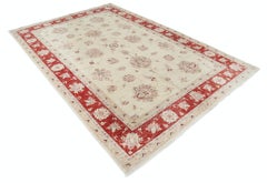 Tappeto floreale fatto a mano 7x10 ft in beige e rosso. Tappeto Oushak tradizionale