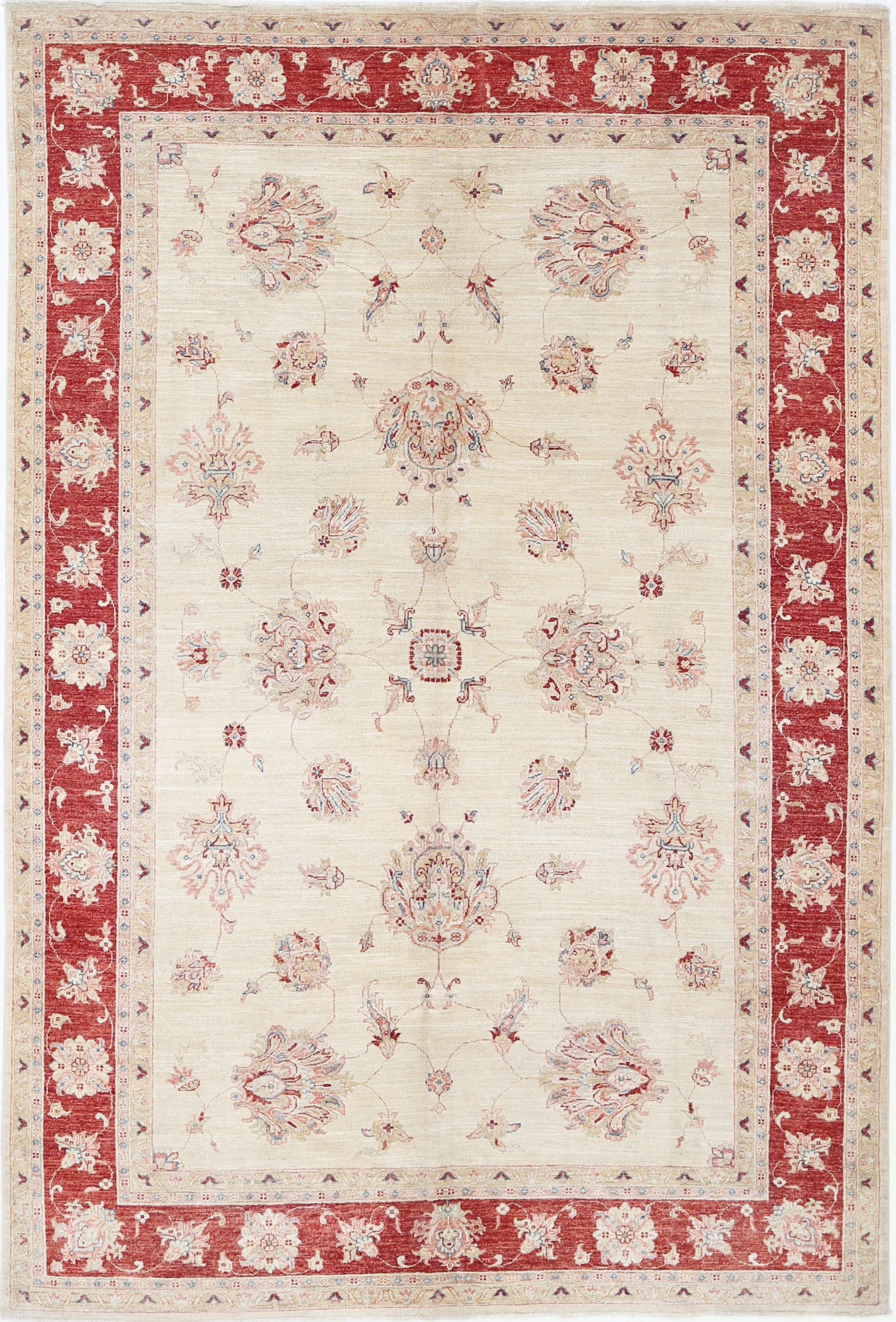 7x10 ft Handmade Floral Rug in Beige and Red. Traditional Oushak Carpet