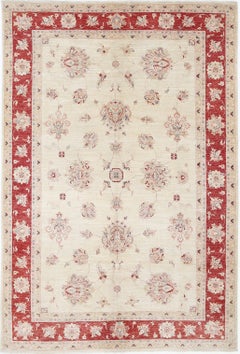 Tappeto floreale fatto a mano 7x10 ft in beige e rosso. Tappeto Oushak tradizionale