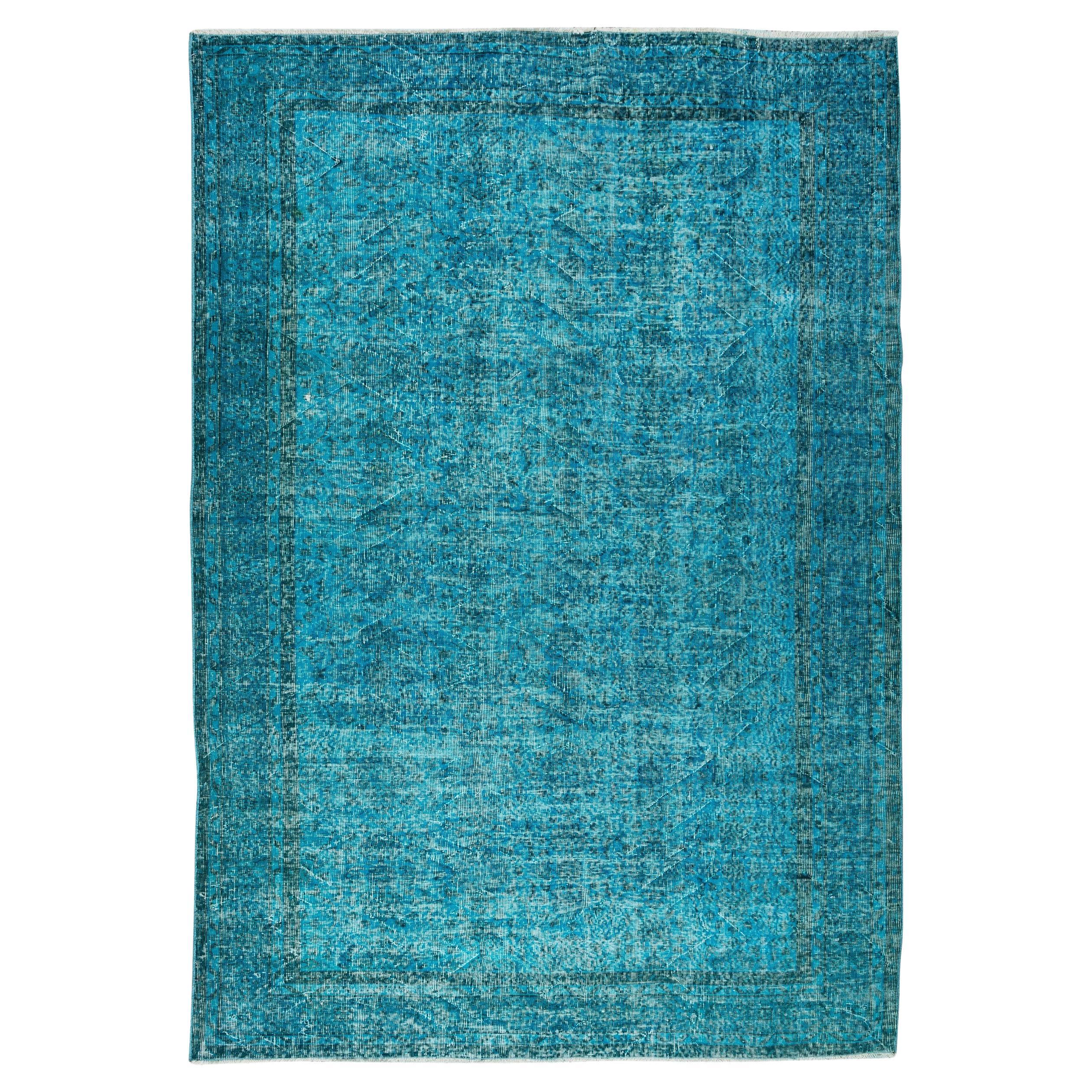 5x7.4 Ft Handmade Vintage Turkish Area Rug OverDyed in Teal 4 Modern