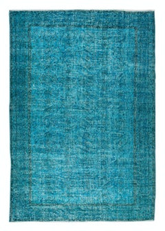 7x10 Ft Handmade Vintage Turkish Floral Rug in Teal Blue for Modern Interiors