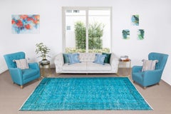 7x10 Ft Handmade Vintage Turkish Floral Rug in Teal Blue for Modern Interiors