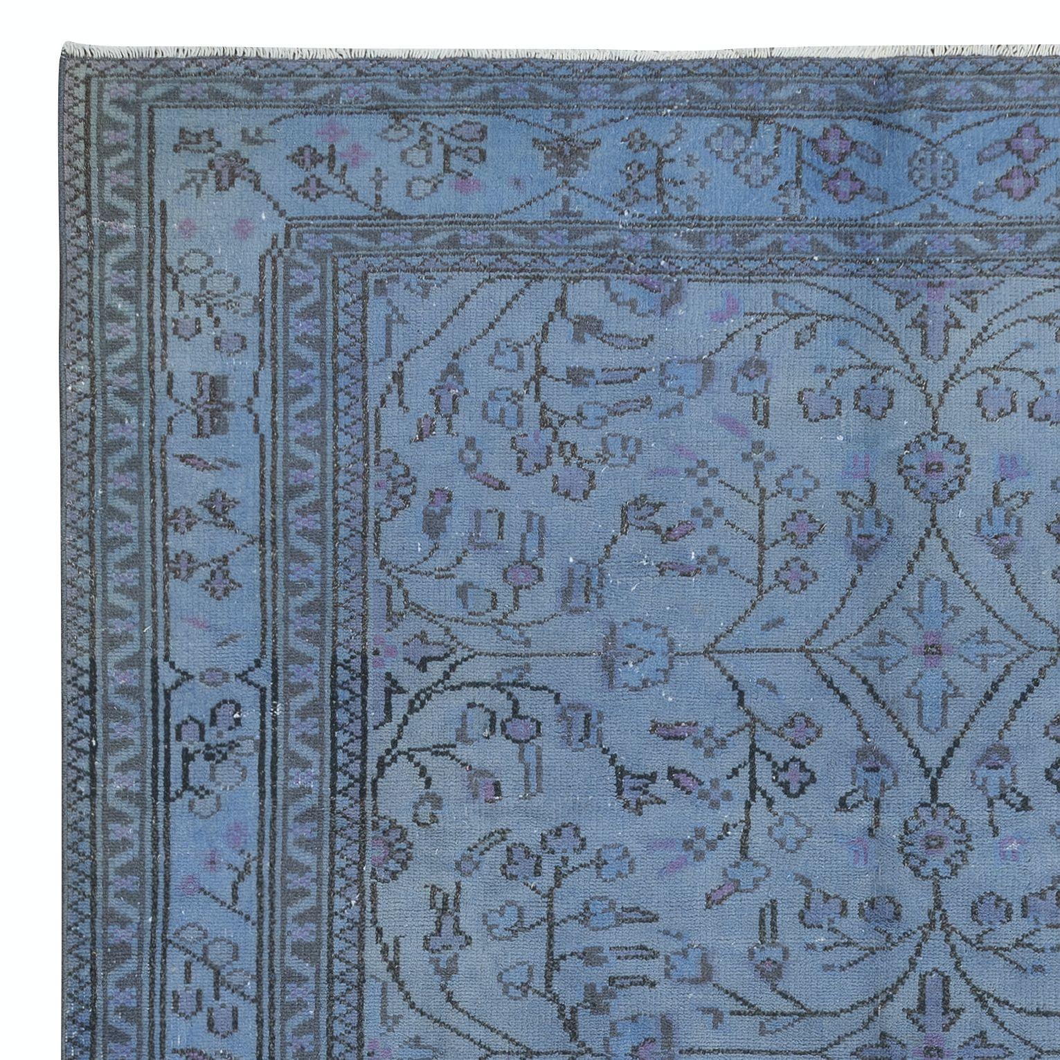 7x10 Ft Modern Handmade Rug Overdyed in Blue, One-of-a-kind Turkish Carpet In Good Condition For Sale In Philadelphia, PA