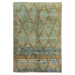 Tappeto di lana berbero marocchino moderno 7x10 Ft. Annodato a mano in verde, blu e marrone
