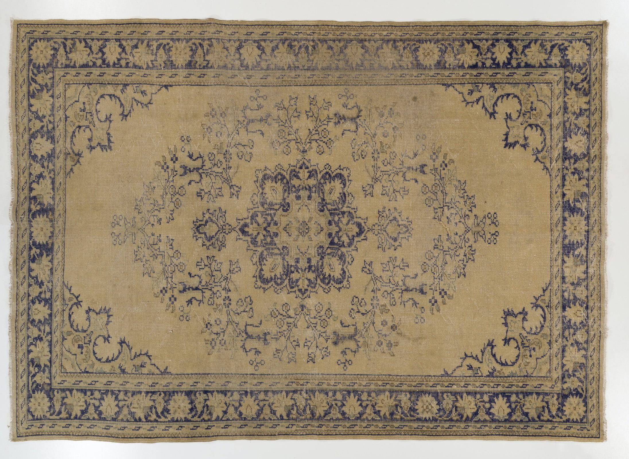 Cotton 7x10 Ft Vintage Hand-Knotted Distressed Turkish Oushak Area Rug in Sand & Indigo For Sale