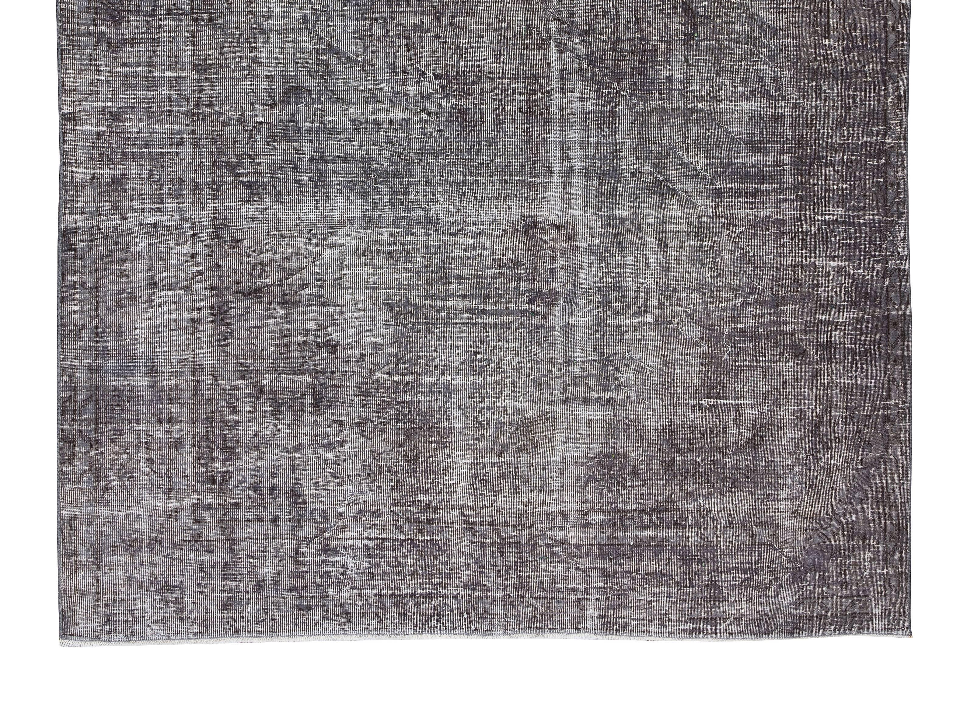 Wool 7x10 Ft Vintage Hand-Knotted Turkish Rug Over-Dyed in Gray for Modern Interior For Sale