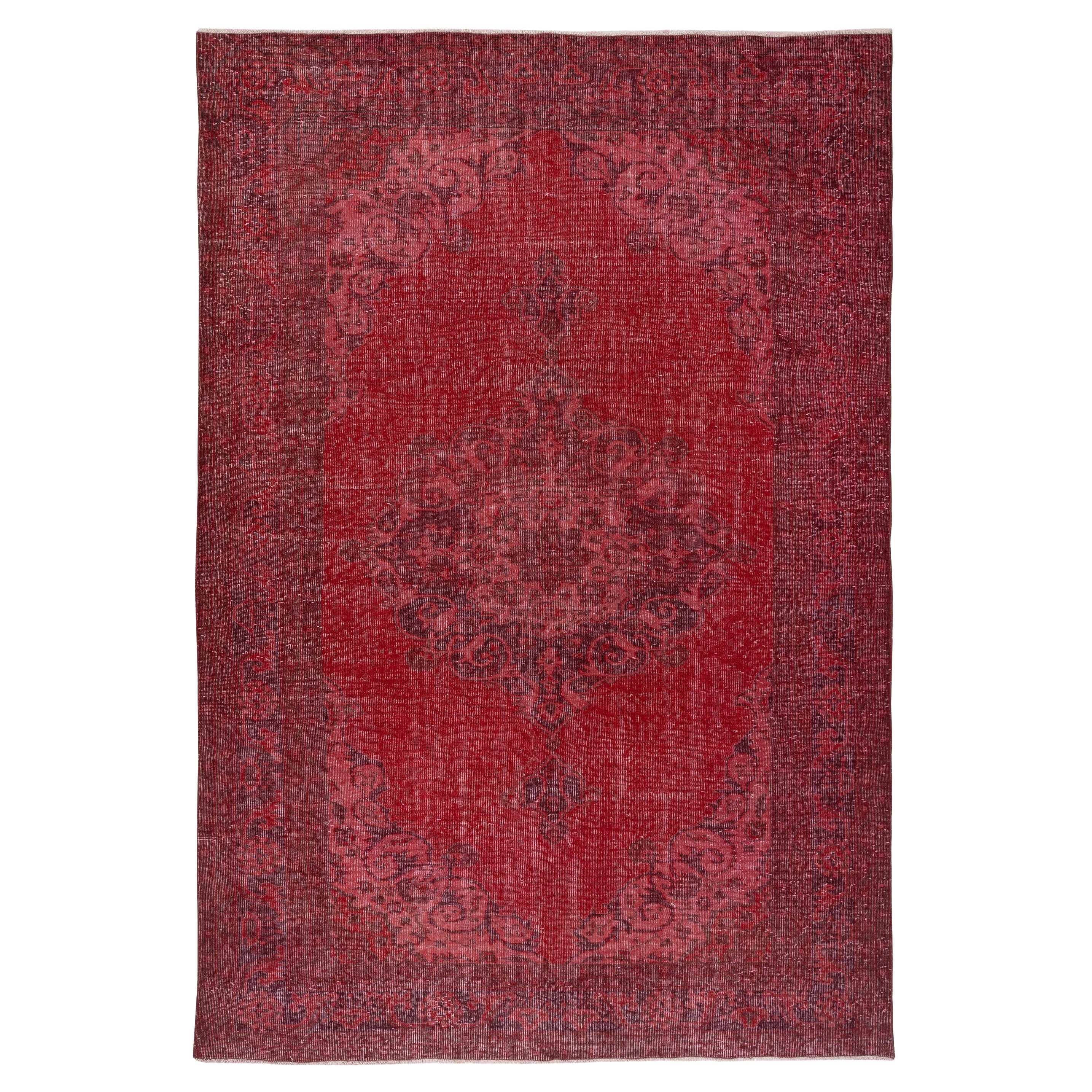 7x10 Ft Vintage Handmade Wool Rug. Roter türkischer Vorleger für das moderne Zuhause