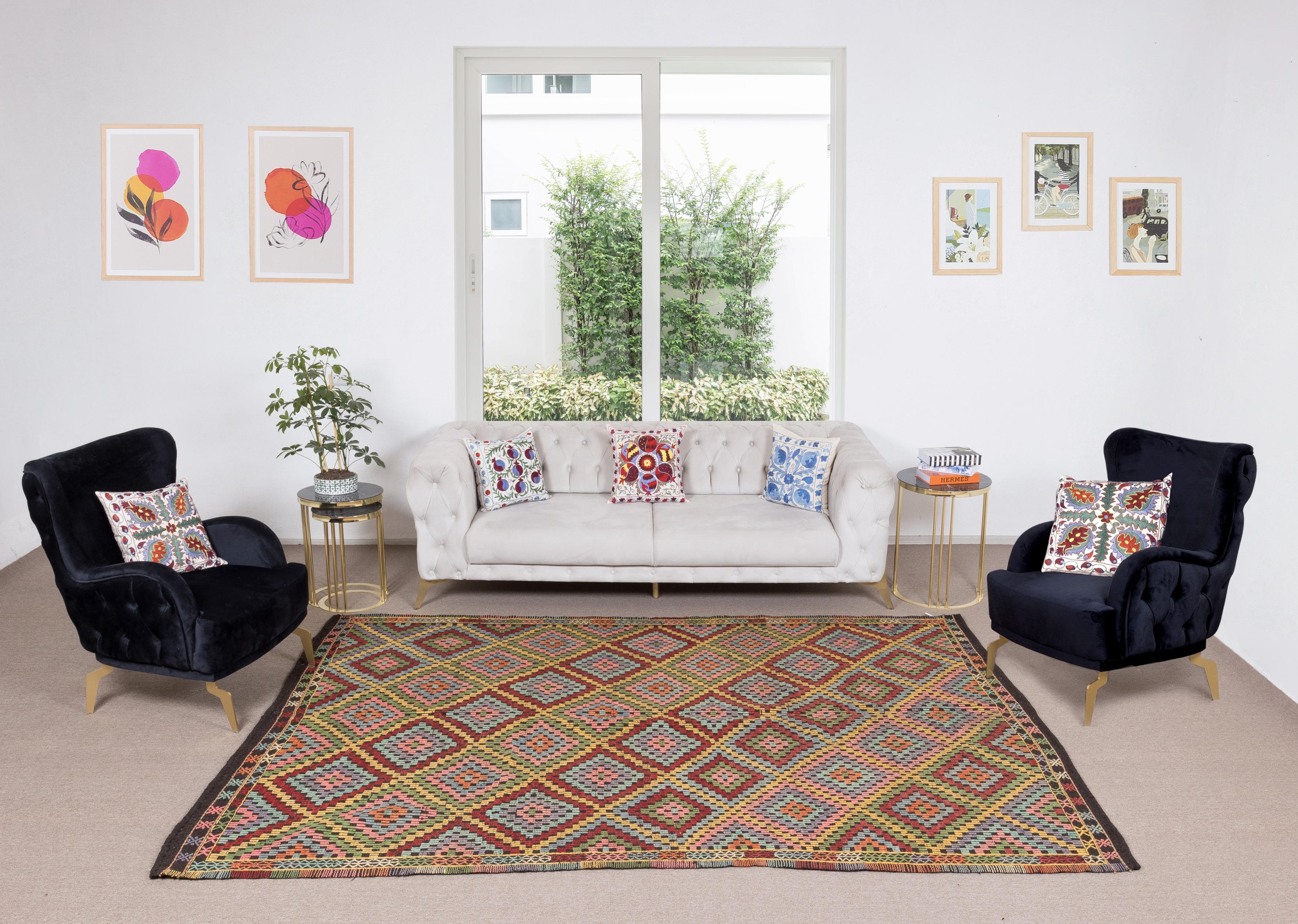 Turkish 7x10 Ft Vintage Jajim Kilim, Diamond Design Jijim Rug, Handmade Bohemian Carpet For Sale