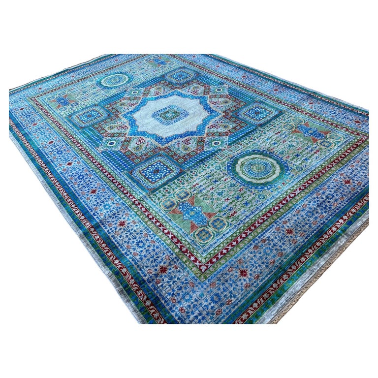Hand-Knotted Afghani Blue & Brown Mamluk Wool Rug – 40” x 62”