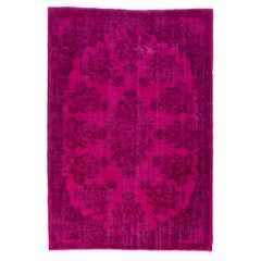 7x10 Turkish Rug Redyed in Fuchsia Pink Color. Floral Garden Design Wool Carpet