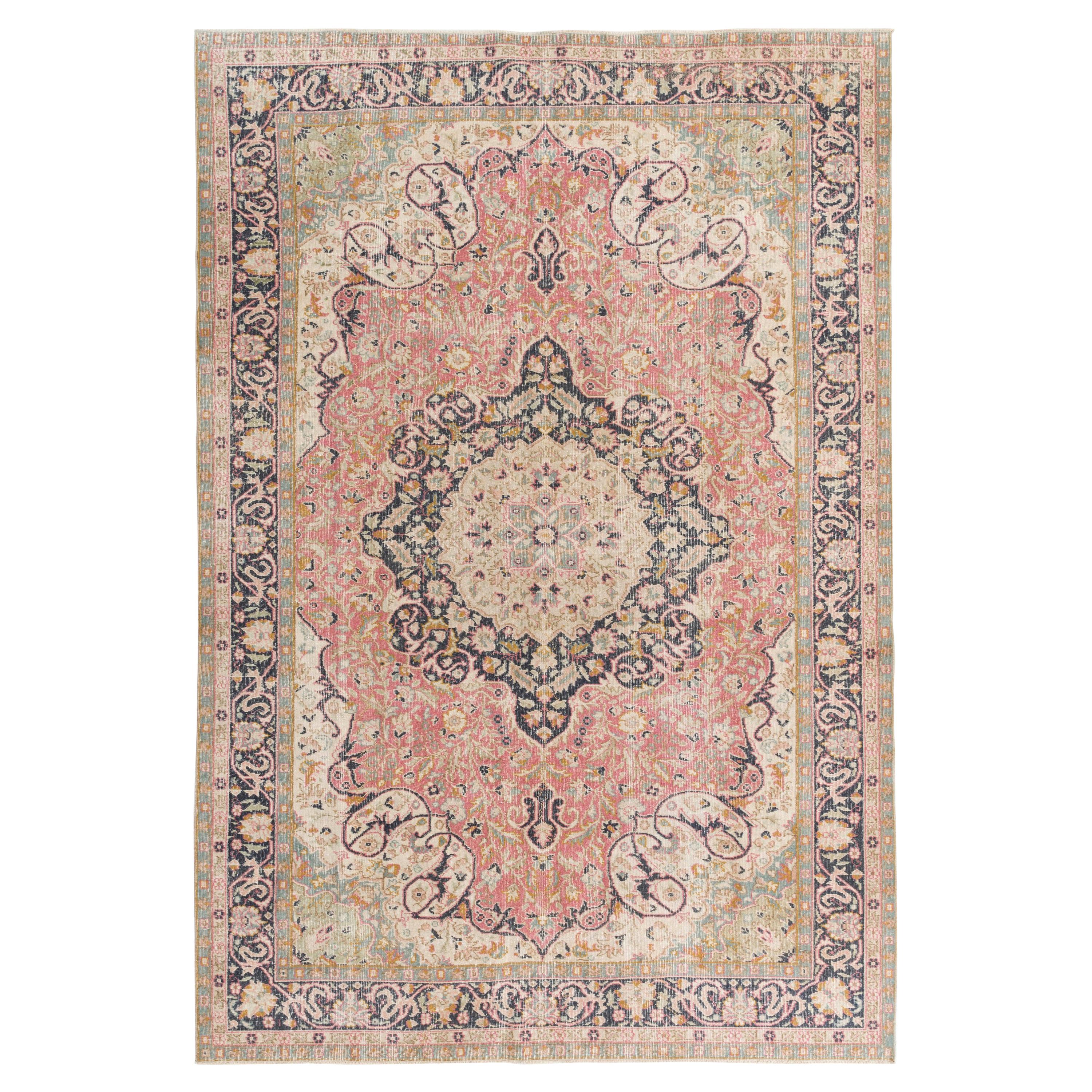 7x10 Ft Fine Semi-Antique Hand-Knotted Turkish Wool Rug in Soft Colors  For Sale