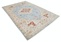 7x10.2 ft Handknotted Light Blue, Ivory Large Area Rug. Turkish Geometric Carpet