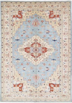 7x10.2 ft Handknotted Light Blue, Ivory Large Area Rug. Turkish Geometric Carpet