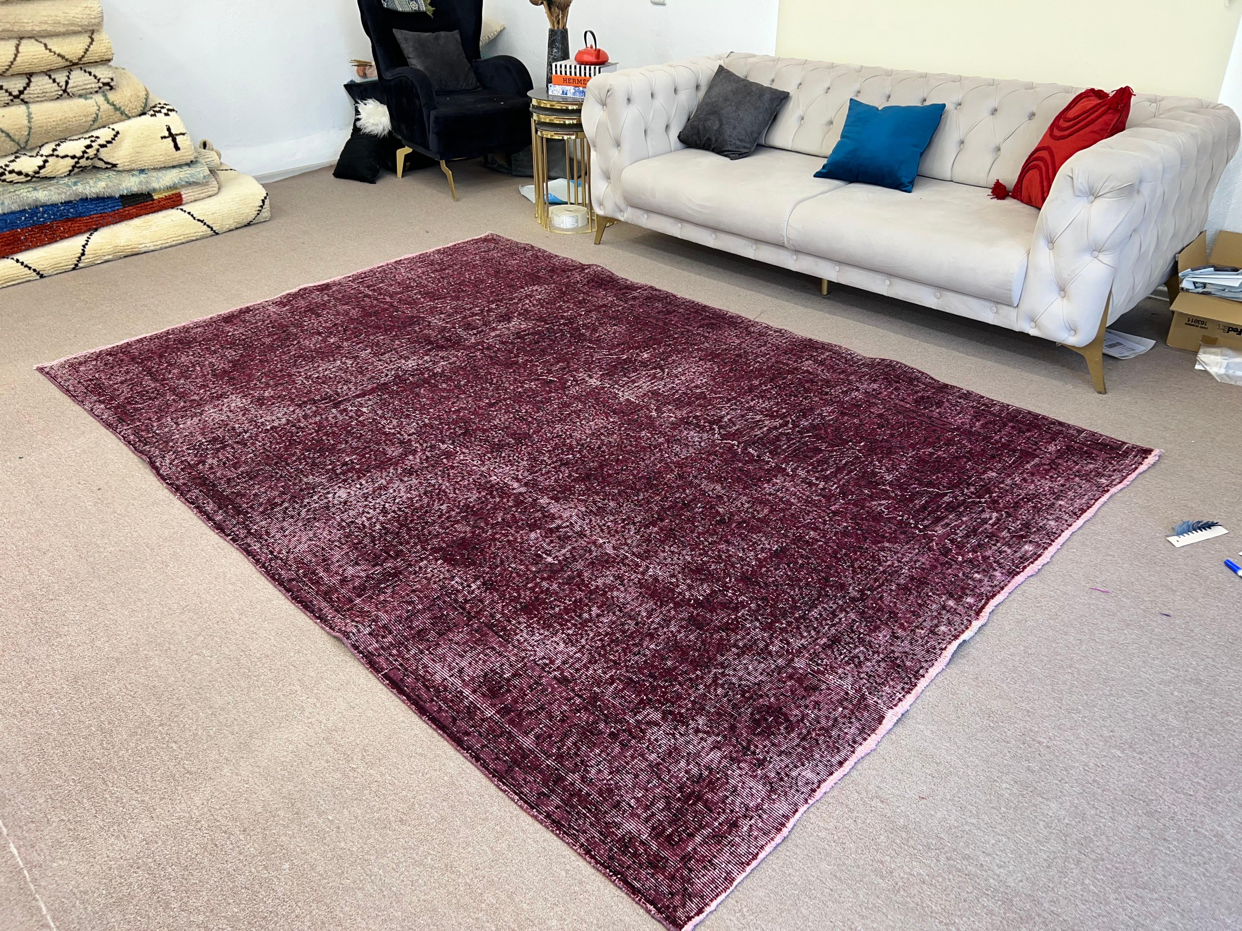 Wool 7x10.2 Ft Handmade Turkish Large Rug in Solid Burgundy Red for Modern Interiors For Sale