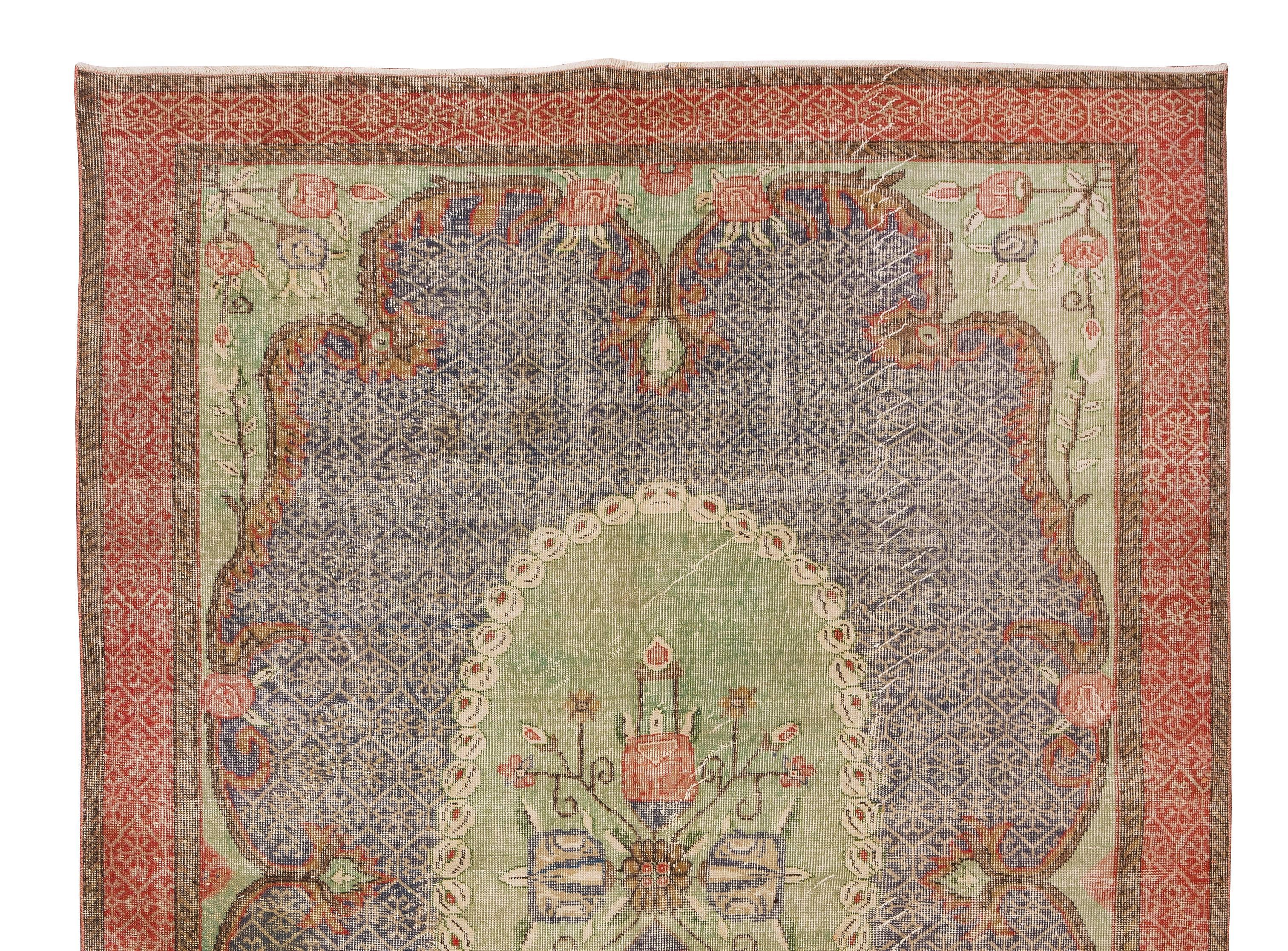 Turkish 7x10.2 Ft Mid-20th Century Hand Knotted Floral Central Anatolian Wool Area Rug For Sale