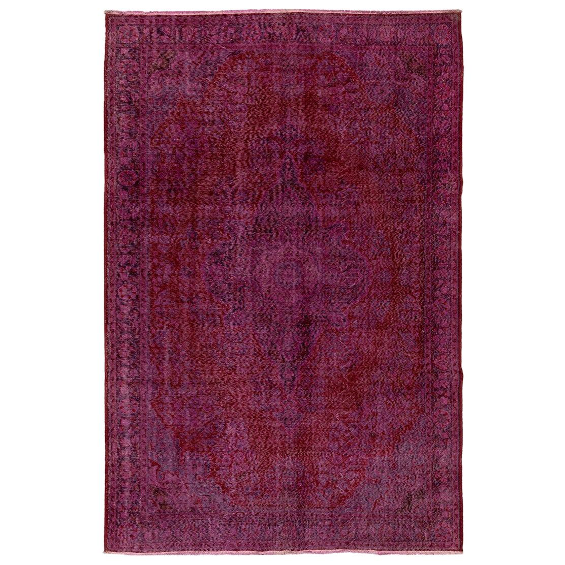 7x10.2 Ft Vintage Hand-knotted Over-dyed Turkish Wool Rug in Burgundy