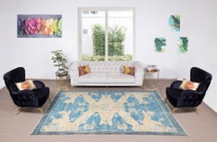 7x10.2 Ft Vintage Hand Knotted Chinese Art Deco Rug in Beige and Blue Colors