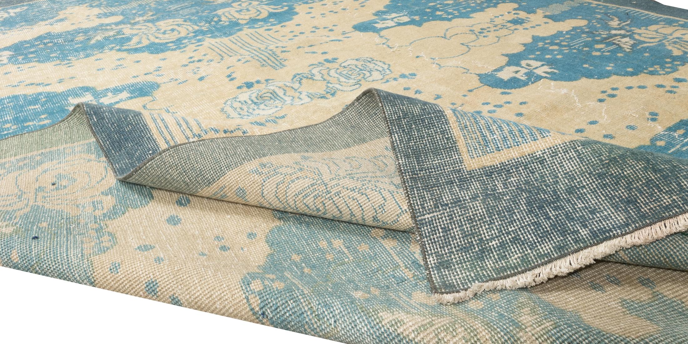 Modern 7x10.2 Ft Vintage Turkish Area Rug, Handmade Woolen Carpet in Beige and Blue For Sale