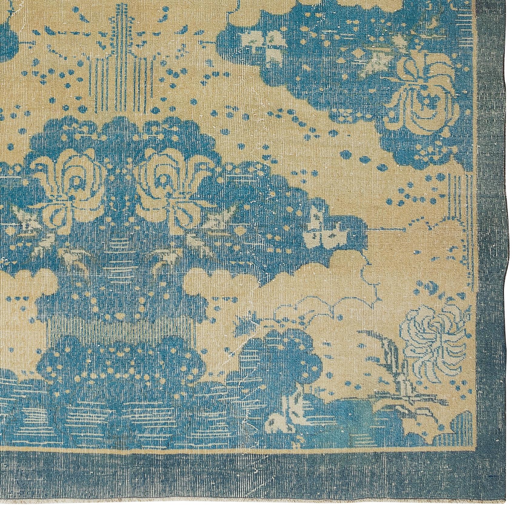 20th Century 7x10.2 Ft Vintage Turkish Area Rug, Handmade Woolen Carpet in Beige and Blue For Sale
