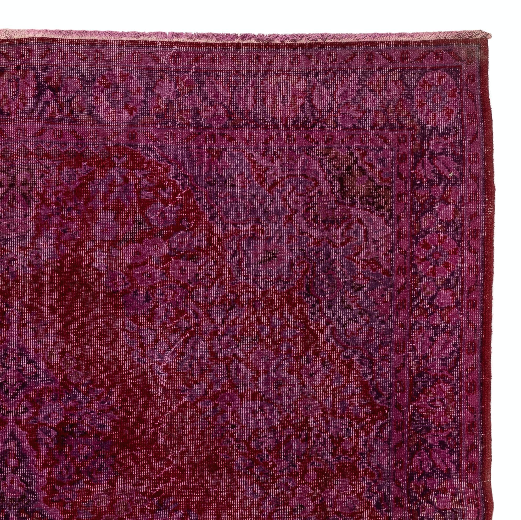 Modern 7x10.2 Ft Vintage Hand-knotted Over-dyed Turkish Wool Rug in Burgundy Red For Sale
