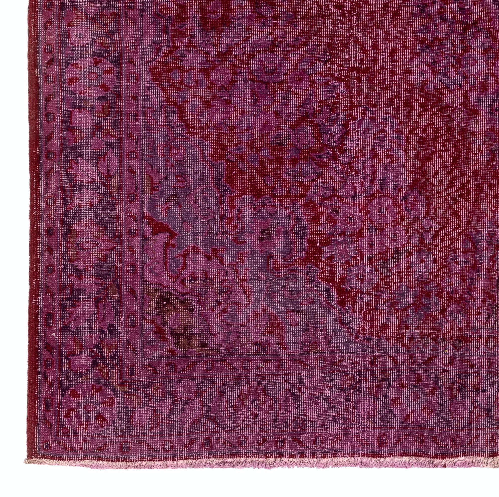 Hand-Knotted 7x10.2 Ft Vintage Hand-knotted Over-dyed Turkish Wool Rug in Burgundy Red For Sale
