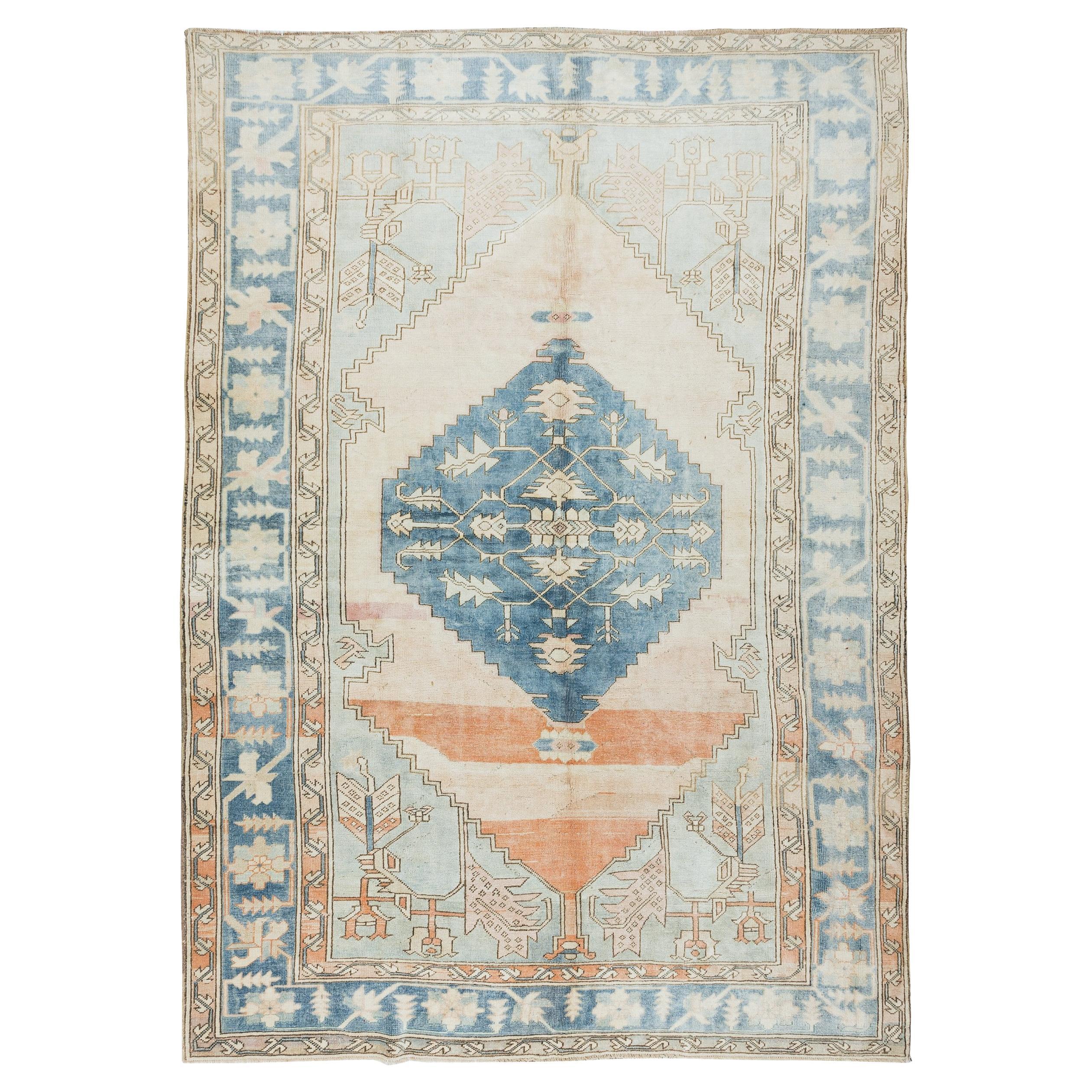 Vintage Hand Knotted Turkish Wool Rug, Oneofakind Geometric Carpet