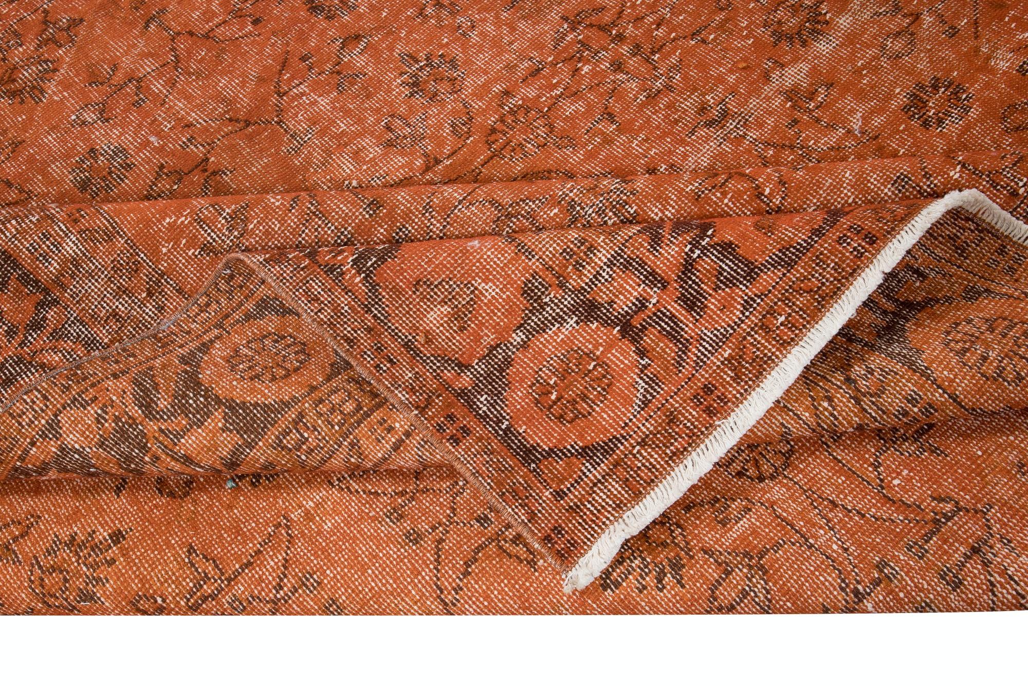 Hand-Knotted 7x10.3 Ft Handmade Turkish Orange Rug, Modern Floral Rug, Bohemian Home Decor For Sale