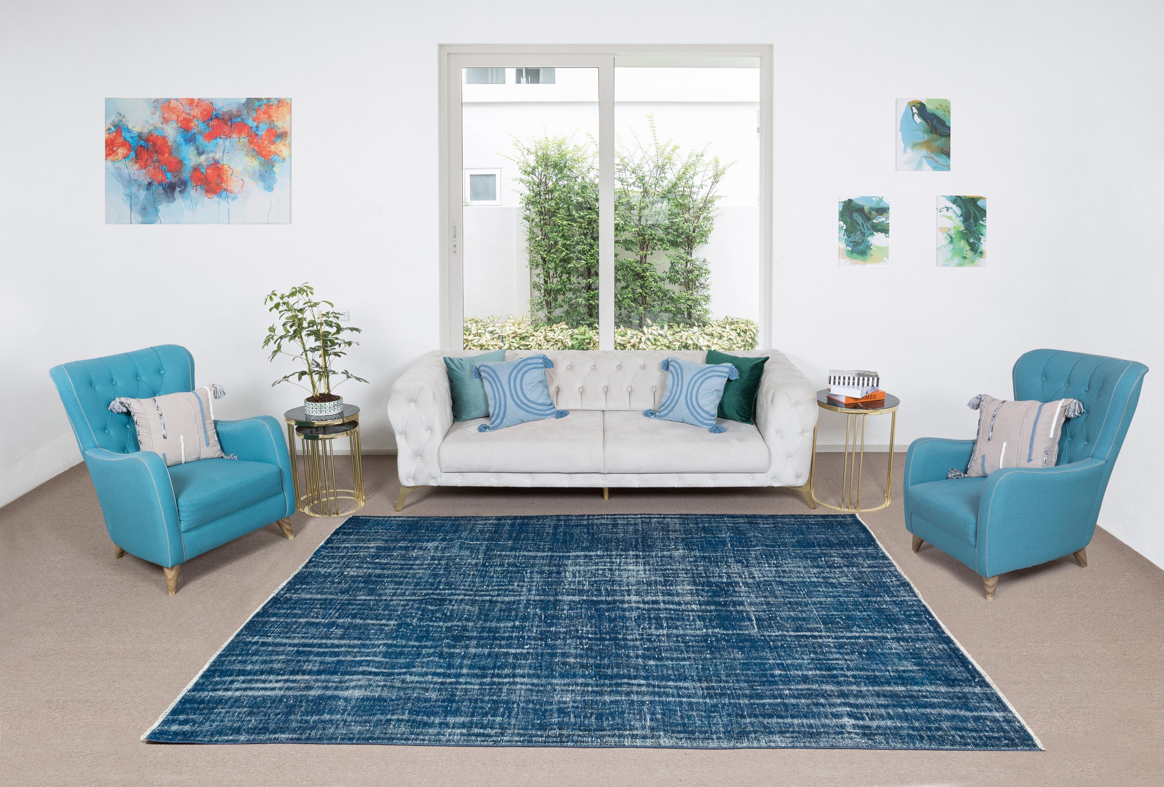 Hand-Knotted 7x10.3 Ft Modern Home Decor Handmade Turkish Wool Area Rug in Navy Blue For Sale