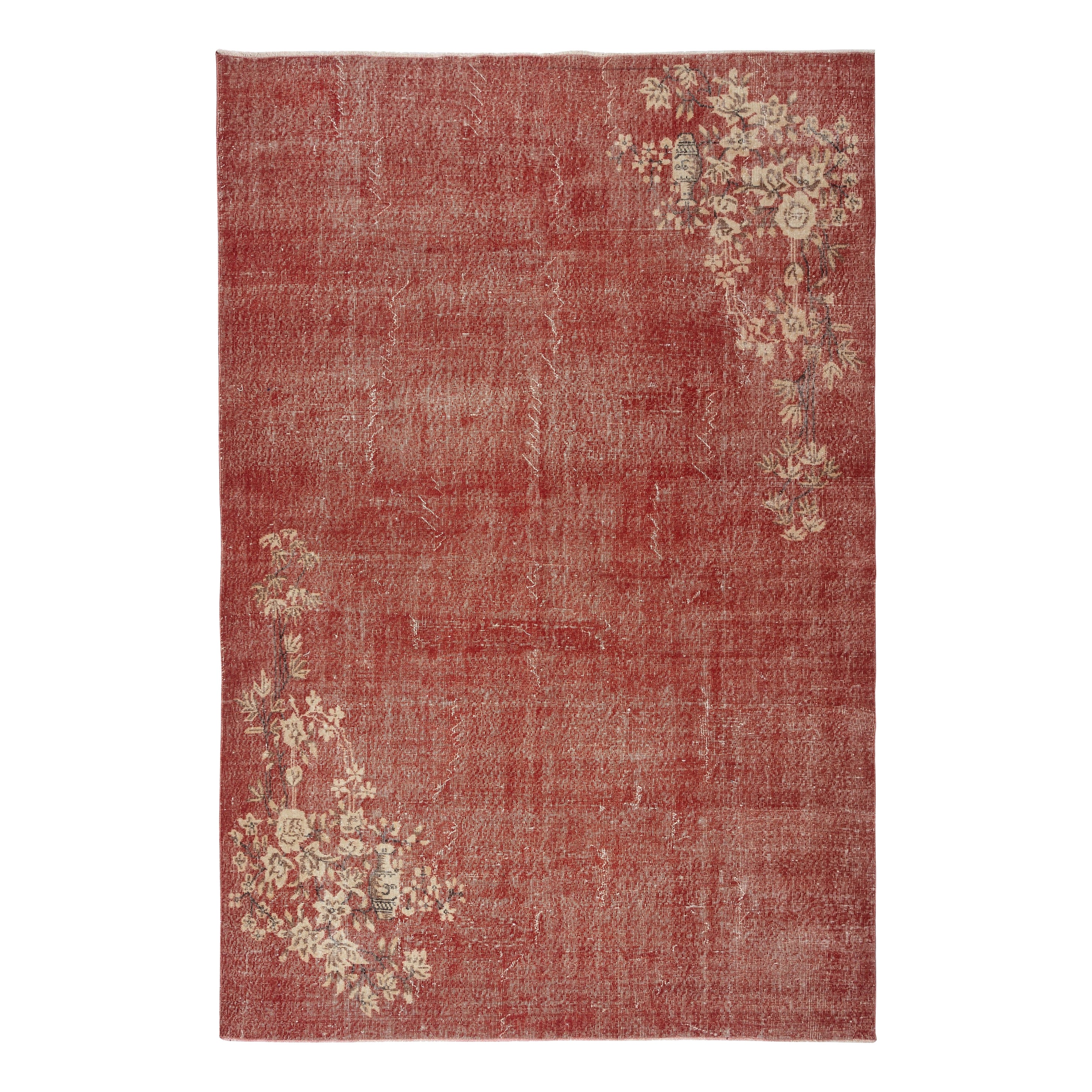 7x10.3 Ft One-of-a-pair Vintage Hand-Knotted Chinese Art Deco Design Red Rug