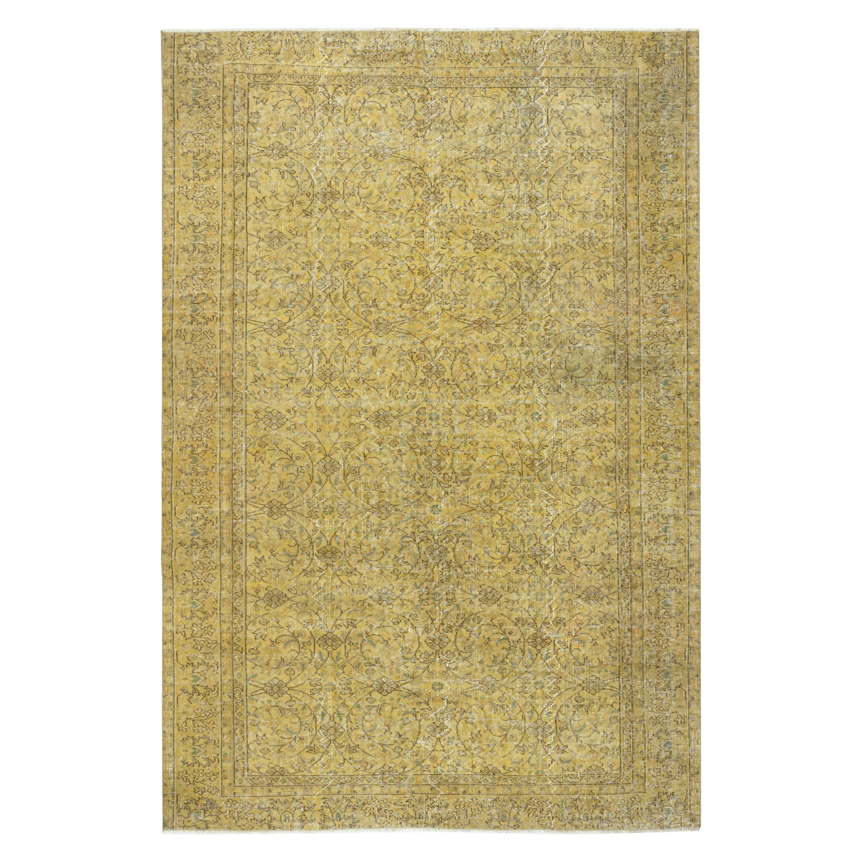 7x10.3 Ft Gelber handgefertigter Teppich mit floralem Design, Wohnzimmerteppich