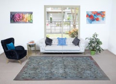 Handgefertigter türkischer 7x10.4 Ft handgefertigter Teppich mit massiver roter Bordüre und hellblauem Hintergrund