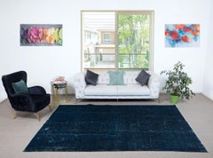 7x10.4 Ft Overdyed Wool Navy Blue Rug, Handmade in Turkey, Modern Large Carpet