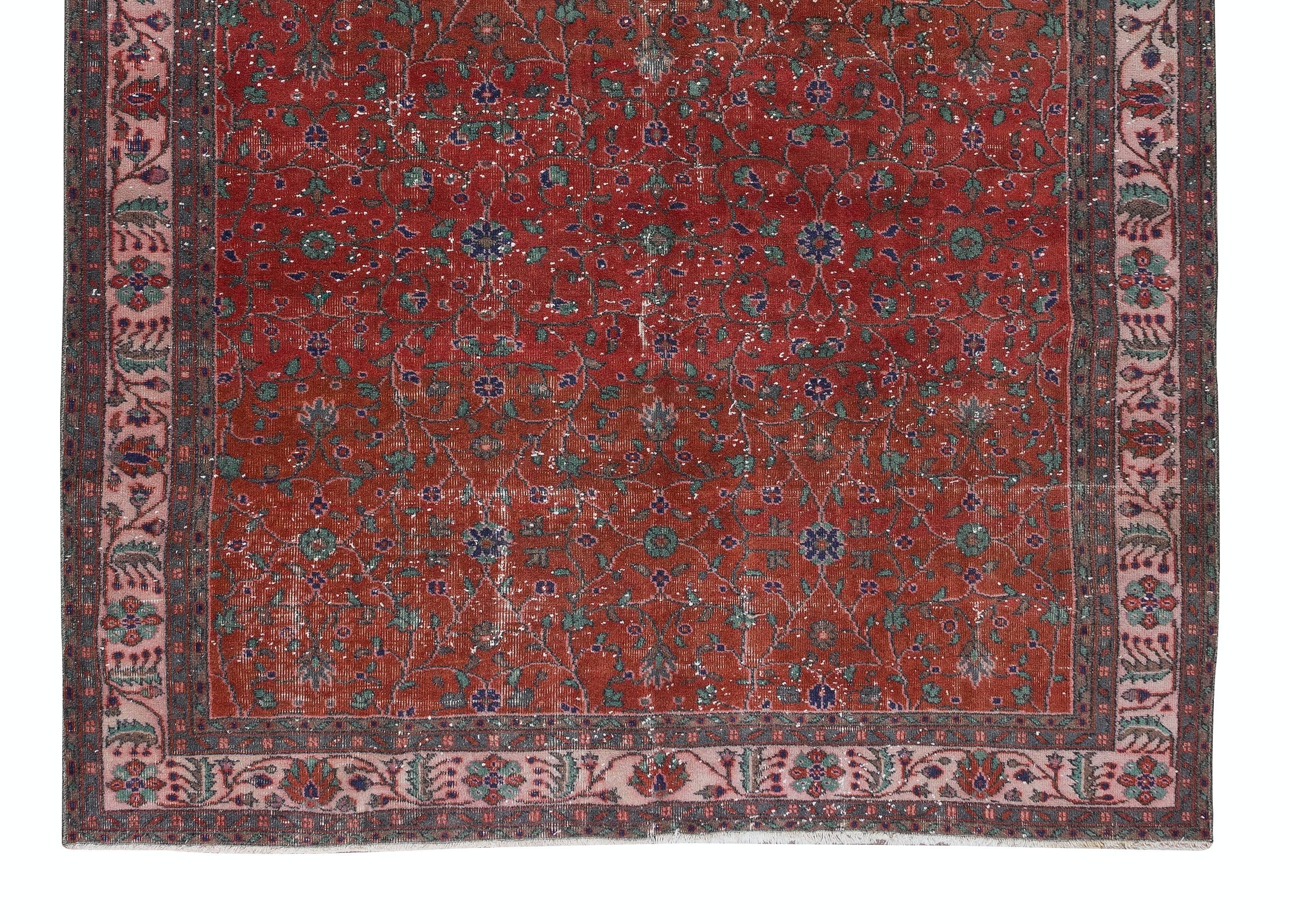 Hand-Knotted 7x10.4 Ft Traditional Handmade Vintage Turkish Rug in Red, Beige, Blue and Green