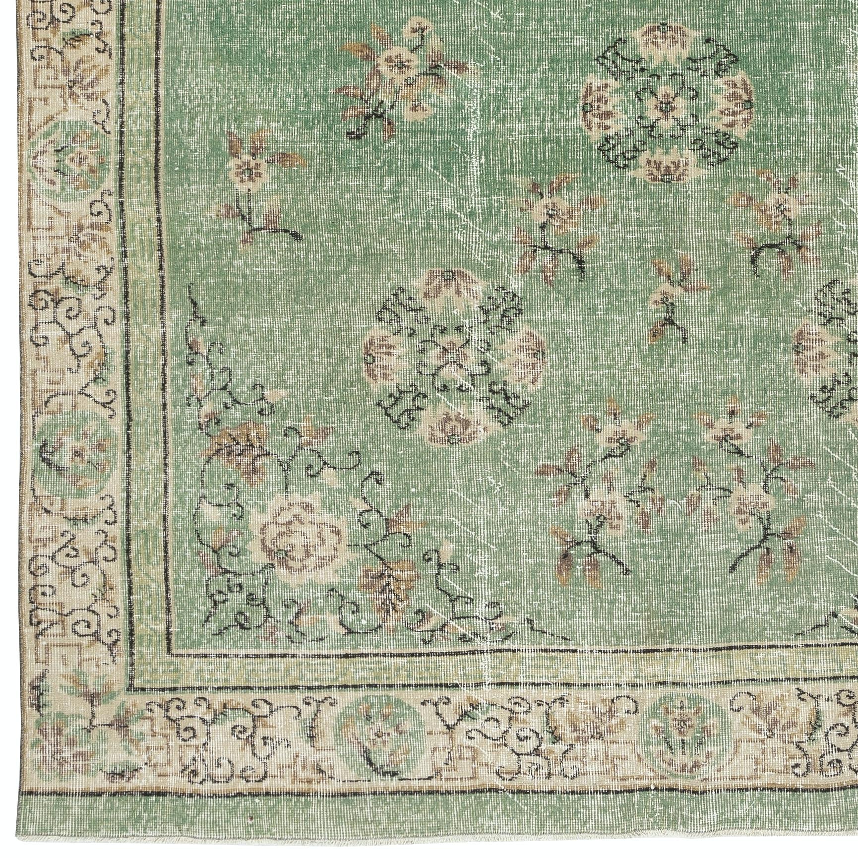 7x10.4 Ft Vintage Handgeknüpfter Türkischer Wollteppich. Chinesisches Art Déco inspiriert, grün (Wolle) im Angebot