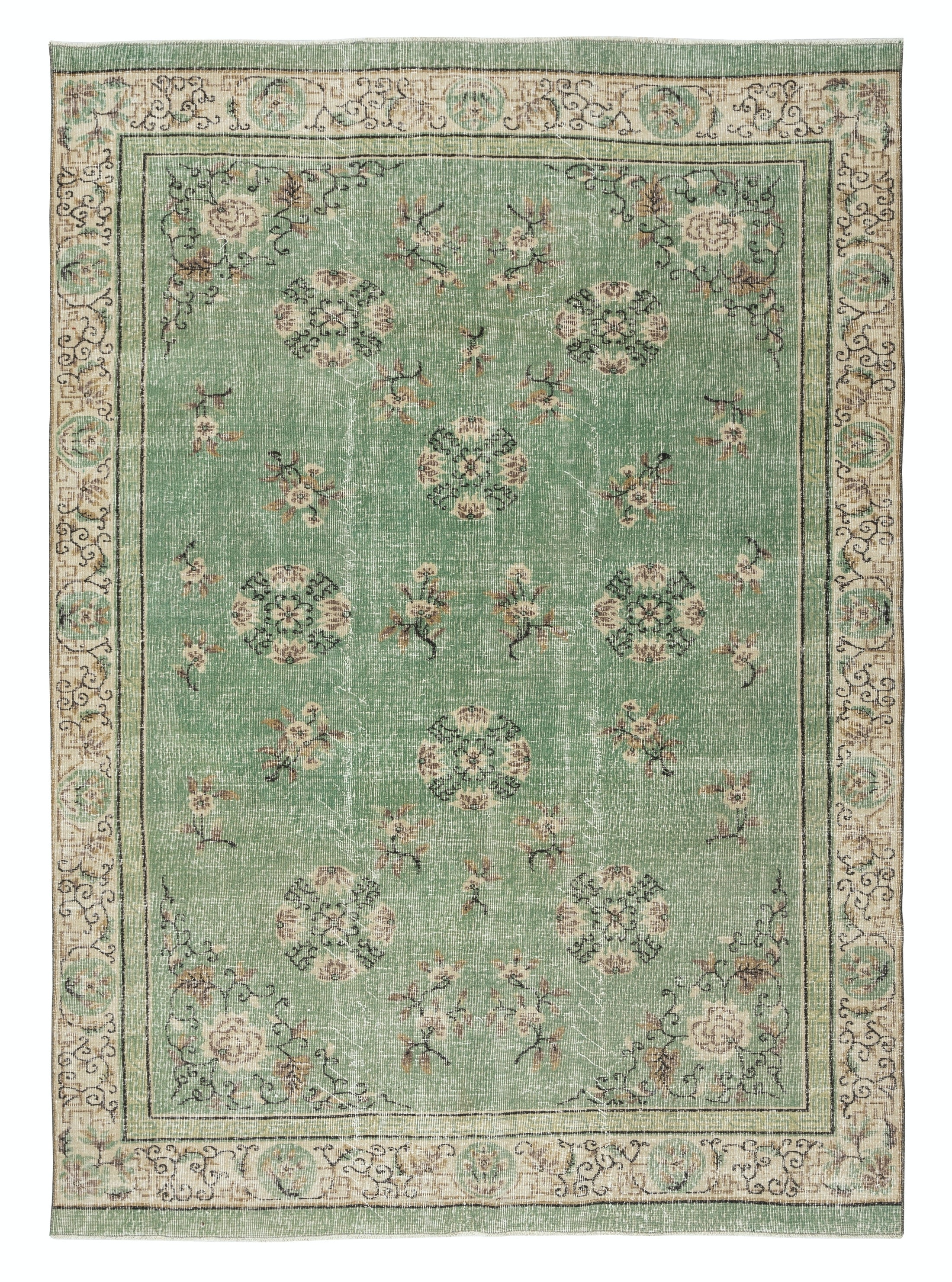 7x10.4 Ft Vintage Handgeknüpfter Türkischer Wollteppich. Chinesisches Art Déco inspiriert, grün im Angebot