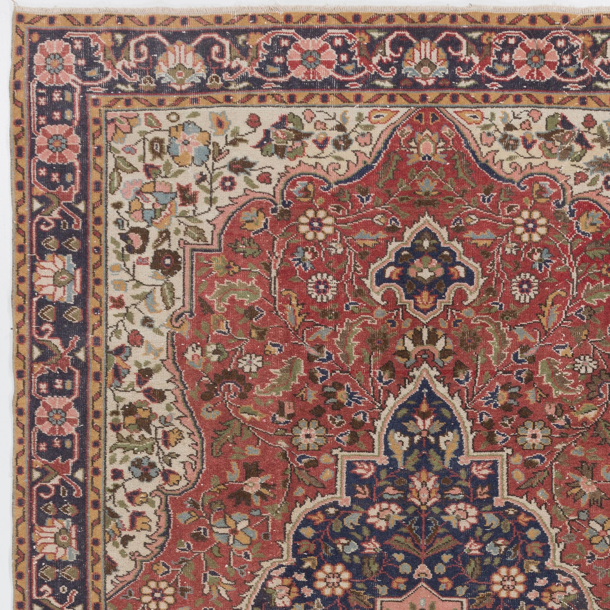 7x10.4 Ft Vintage Handmade Turkish Room Size Rug in Red & Blue with Wool Pile For Sale 8