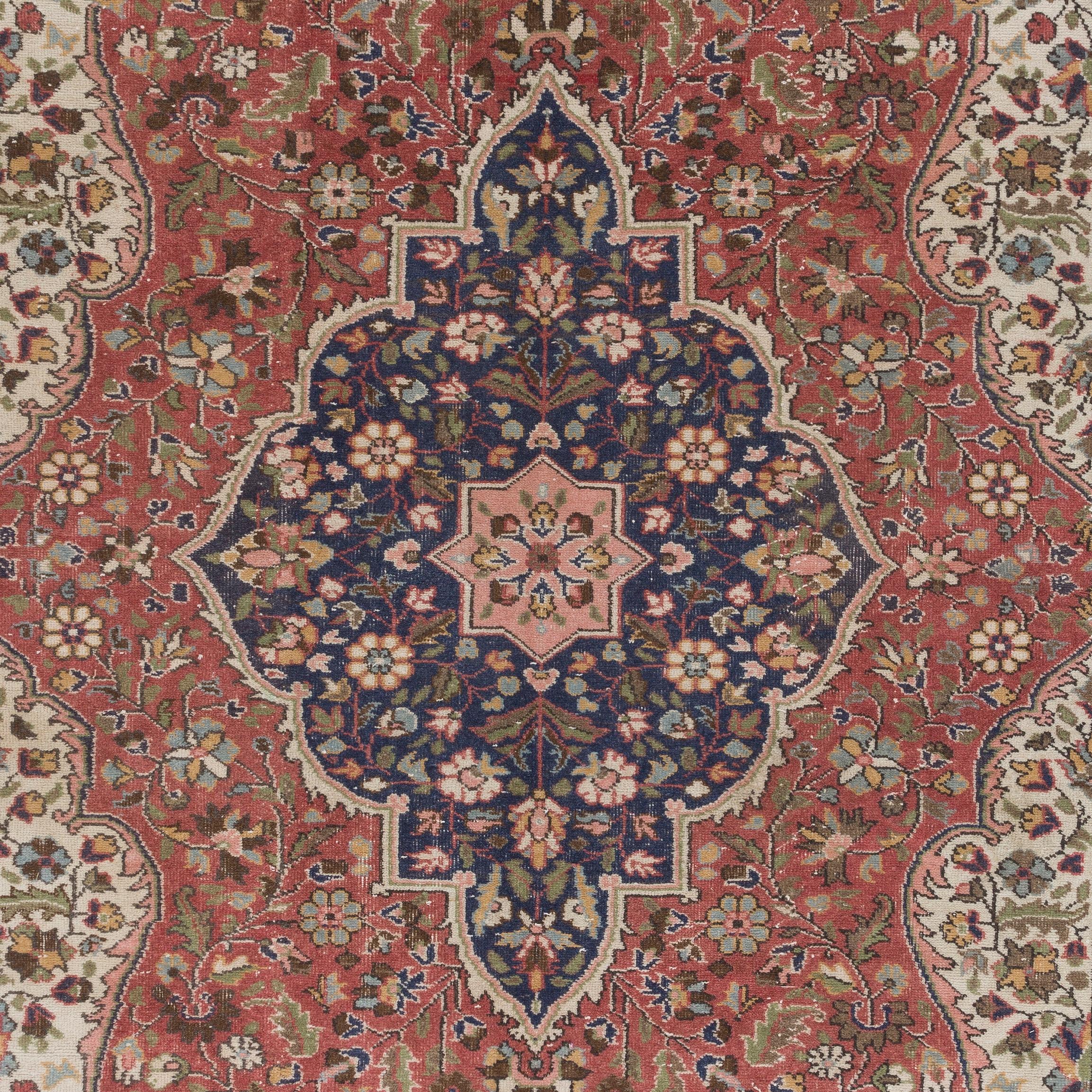 7x10.4 Ft Vintage Handmade Turkish Room Size Rug in Red & Blue with Wool Pile For Sale 9