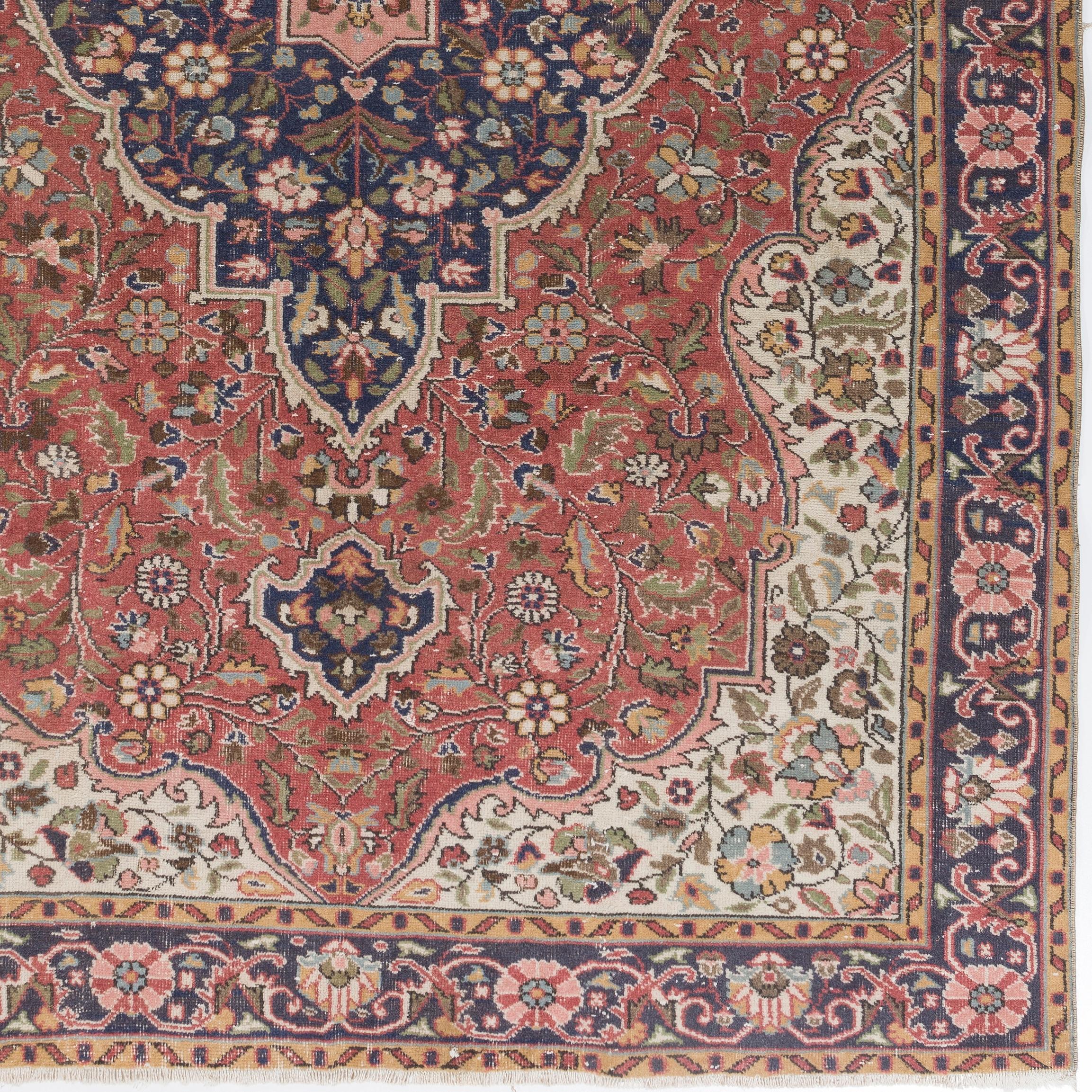 7x10.4 Ft Vintage Handmade Turkish Room Size Rug in Red & Blue with Wool Pile For Sale 10
