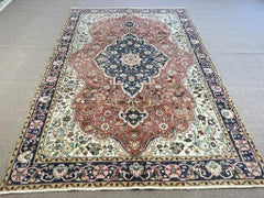 7x10.4 Ft Vintage Handmade Turkish Room Size Rug in Red & Blue with Wool Pile