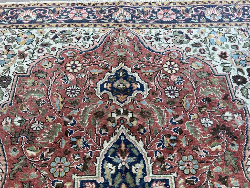 Hand-Knotted 7x10.4 Ft Vintage Handmade Turkish Room Size Rug in Red & Blue with Wool Pile For Sale