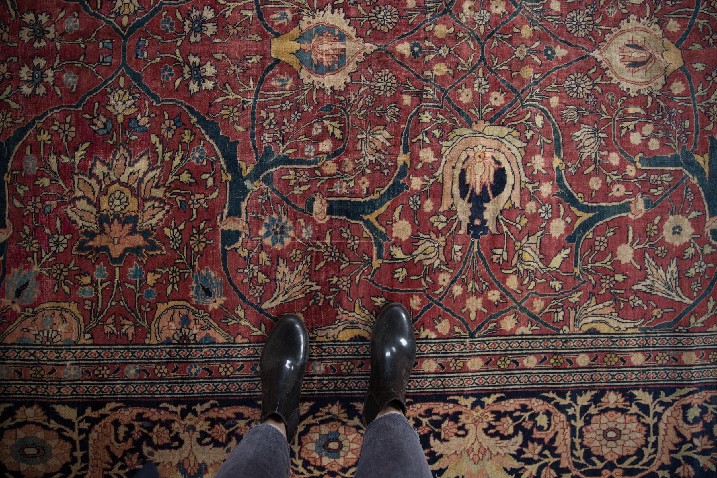 Champ couvert de palmettes et de fleurs de lotus accentué par des arabesques florales expressives interconnectées par des vignes défilantes et des fleurs mineures. La couleur rappelle celle de Kerman, mais c'est un tissage de Tabriz. Les couleurs et
